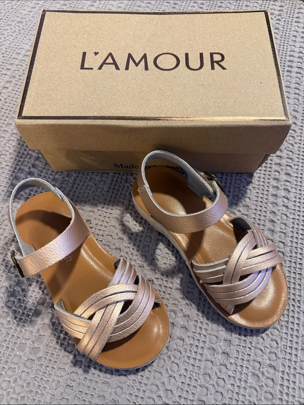 L'Amour Metallic Rose Gold Braided Girls' Sandals